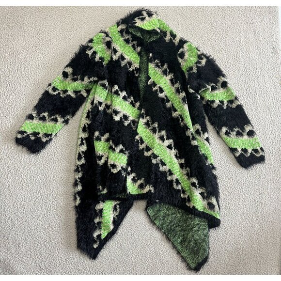 VERTIGO PARIS Open Cardigan Eyelash Aztec Southwest Neon Green Black - Picture 1 of 10